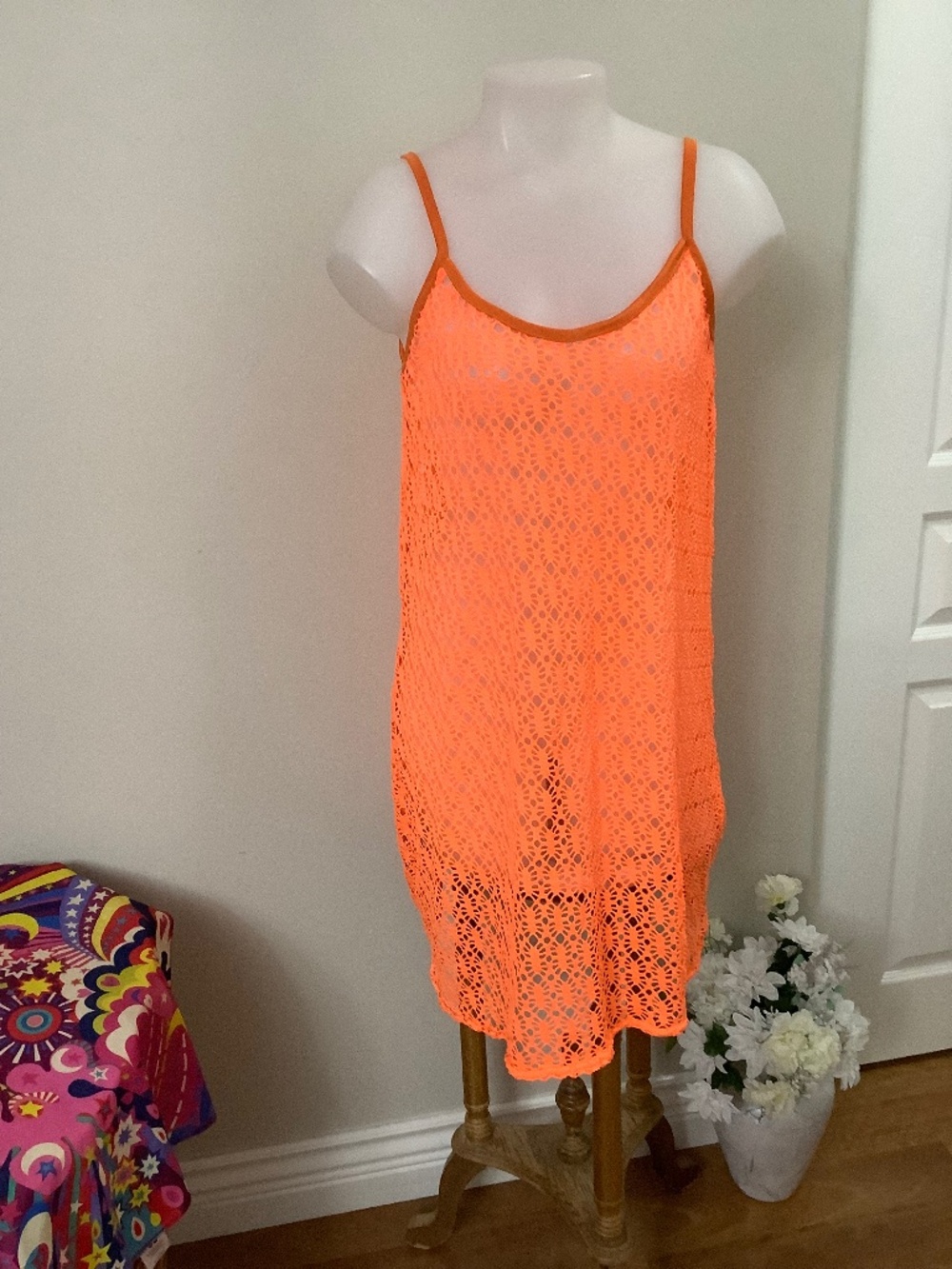 Fluorescent orange crochet coverup M/L 36-38 bust